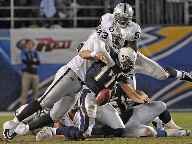 Philip Rivers fumbles as he's sacked 