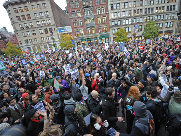 Occupy Wall Street protesters gather in Union Square after marching from Zuccotti Park Nov. 17, 2011, in New York. 
