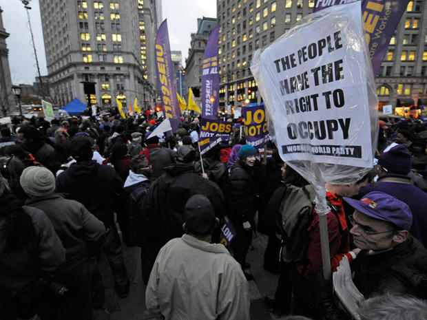 Occupy Wall Street protesters are joined by union members as they gather in Foley Square in lower Manhattan Nov. 17, 2011, in New York. 