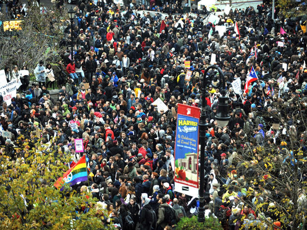 Demonstrators with Occupy Wall Street join university students in Union Square as they mark the two-month anniversary of the protest Nov. 17, 2011, in New York. 