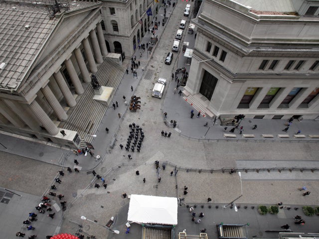 New York City police officers assemble at the intersection of Wall Street and Broad Street in front of the New York Stock Exchange Nov. 17, 2011. 