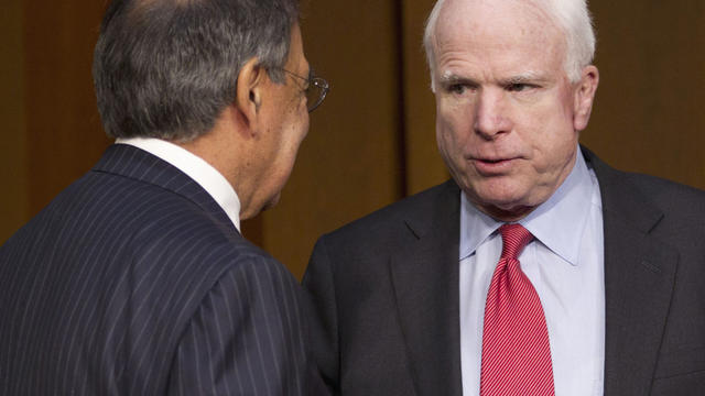 Sen. John McCain talks with DeSen. John McCain, R-Ariz., ranking Republican on the Senate Armed Services Committee,right, talks with Defense Secretary Leon Panetta fense Secretary Leon Panetta  
