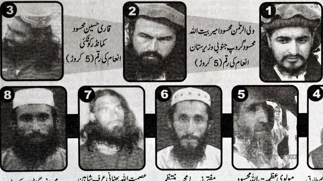 Pakistani Taliban commanders on a most wanted poster 