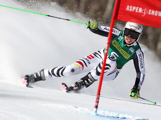 Viktoria Rebensburg skis during her first run  