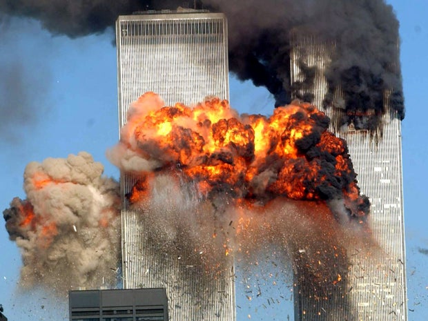 A fiery blast rocks the south tower of the World Trade Center as hijacked United Airlines Flight 175 from Boston crashes into the building Sept. 11, 2001, in New York City.
