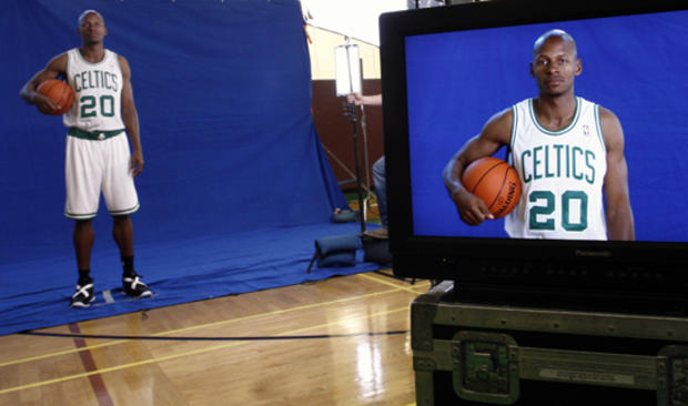 Boston Celtics Ray Allen is seen on a monitor posing during NBA basketball media day 