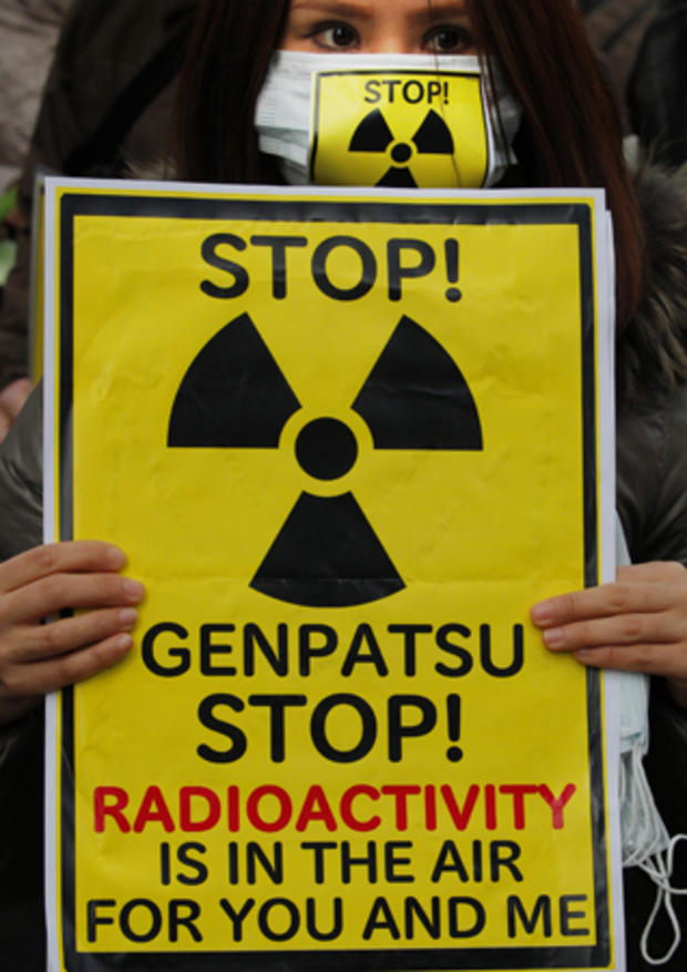 A protester holds a placard during an antinuclear rally  