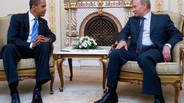 President Obama and Russian Prime Minister Vladimir Putin meet at the latter's country residence home in Novo Ogaryovo, Russia, near Moscow, July 7, 2009. 