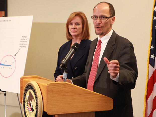 Assistant Attorney General Thomas Perez and U.S. Attorney Jenny Durkan hold a news conference Dec. 16, 2011, on the Department of Justice's investigation of the Seattle Police Department. 