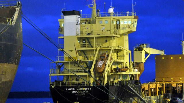 The cargo ship M/S Thor Liberty is seen at Mussalo harbour in Kotka, Finland, Dec. 21 2011. Finnish customs found 69 Patriot surface-to-air missiles on the British-flagged ship destined for the Chinese port of Shanghai from Germany. 