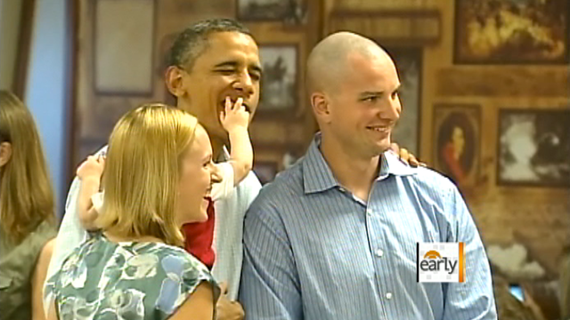 8-month-old Cooper Wall Wagner, son of Marine Capt. Greg Wagner, 25, and Meredith Wagner, 27, surprises President Obama as he took time from his holiday vacation in Hawaii to visit military families during their Christmas dinner on Dec. 25, 2011. 