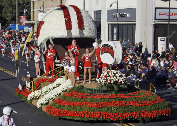 The University of Wisconsin float and spirit squad is seen in the 123rd Rose Parade in Pasadena, Calif., Monday, Jan. 2, 2012. 