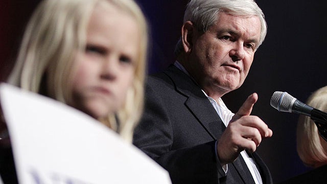 Republican presidential candidate former House Speaker Newt Gingrich speaks during his caucus night rally in Des Moines, Iowa, Jan. 3, 2012. 
