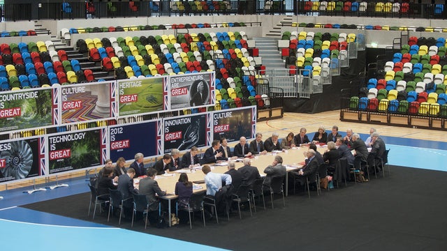 U.K. Prime Minister David Cameron holds a cabinet meeting in the handball arena at the 2012 Olympic Games site 