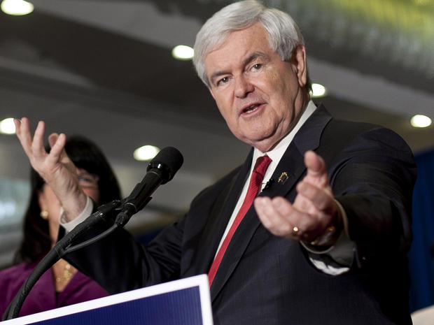 Former House Speaker Newt Gingrich speaks at his party on primary night Jan. 10, 2012, in Manchester, N.H. Former Massachusetts Gov. Mitt Romney finished first in the state's primary election. 
