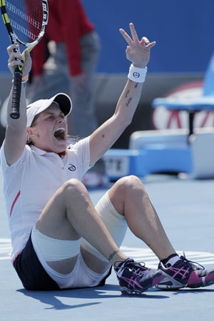 Romina Oprandi celebrates after defeating compatriot Francesca Schiavone  