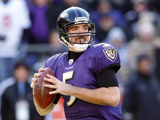 BALTIMORE, MD - JANUARY 15: Quarterback Joe Flacco #5 of the Baltimore Ravens looks to pass against the Houston Texans during the first quarter of the AFC Divisional playoff game at M&T Bank Stadium on January 15, 2012 in Baltimore, Maryland. (Photo by Rob Carr/Getty Images) 