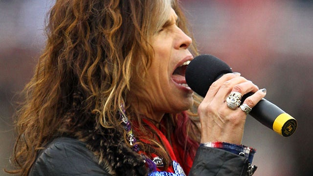 Singer Steven Tyler performs the national anthem prior to the AFC Championship Game between the New England Patriots and the Baltimore Ravens at Gillette Stadium on January 22, 2012 in Foxboro, Massachusetts. 