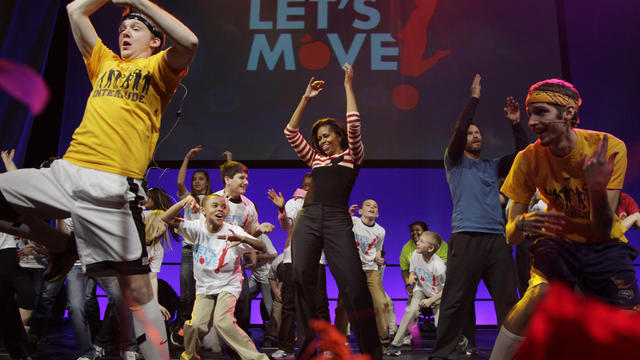 First lady Michelle Obama during a Let's Move event with children from Iowa schools, Thursday, Feb. 9, 2012, in De Moines, Iowa. 