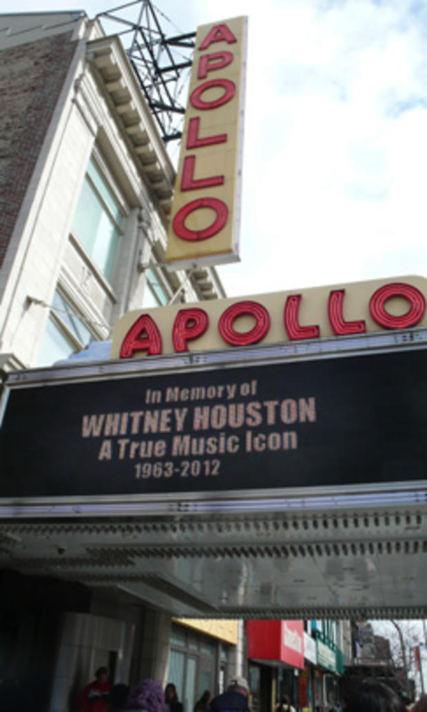 The marquee of Harlem's Apollo Theater bears a tribute to superstar Whitney Houston Feb. 12, 2012 