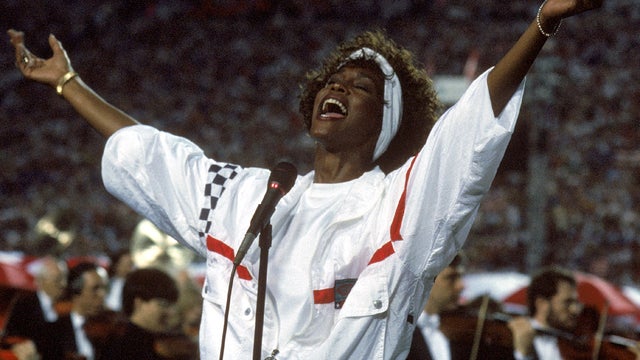 Whitney Houston sings the National Anthem prior to Super Bowl XXV with the New York Giants taking on the Buffalo Bills at Tampa Stadium Jan. 27, 1991, in Tampa, Fla. The Giants won 20-19. 