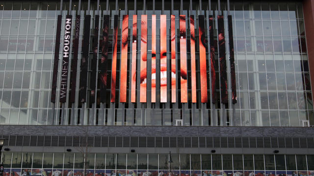 Image of Whitney Houston displayed on the side of the Prudential Center 