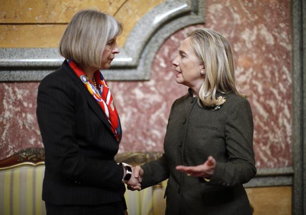 Hillary Clinton meets with British Home Secretary Theresa May at the London Conference on Somalia 