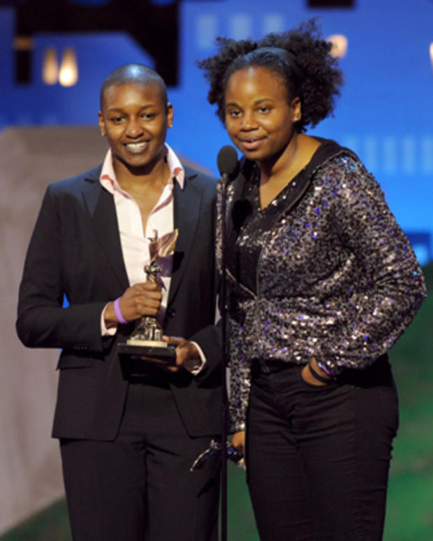 Nekisa Cooper, left, and Dee Rees accept the John Cassavetes award for "Pariah"  at the Independent Spirit Awards 