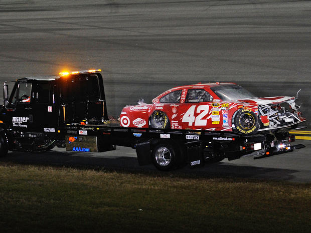 The wrecked  Target Chevrolet driven by Juan Pablo Montoya 