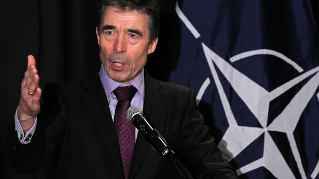 NATO Secretary General Anders Fogh Rasmussen speaks to the media during a news conference at a seminar on SACT February 28, 2012 in Washington, DC.  