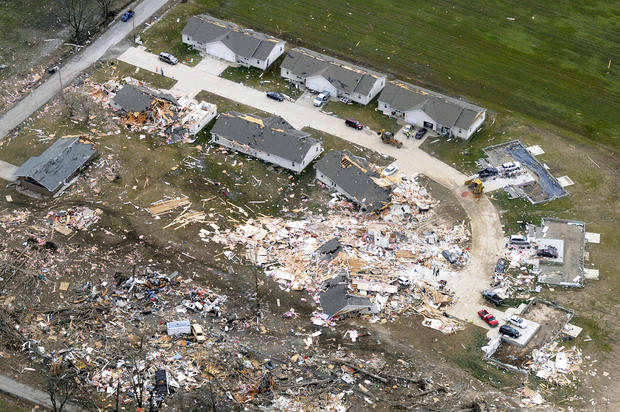This aerial photo shows damaged homes near the corner of South Water and Birch Streets in Harrisburg 