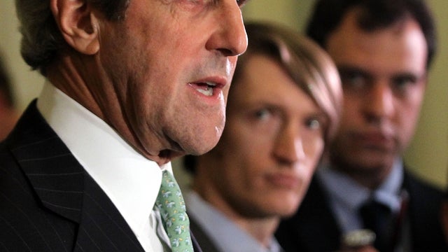 Sen. John Kerry, D-Mass., talks to reporters Nov. 21, 2011, on Capitol Hill in Washington. 