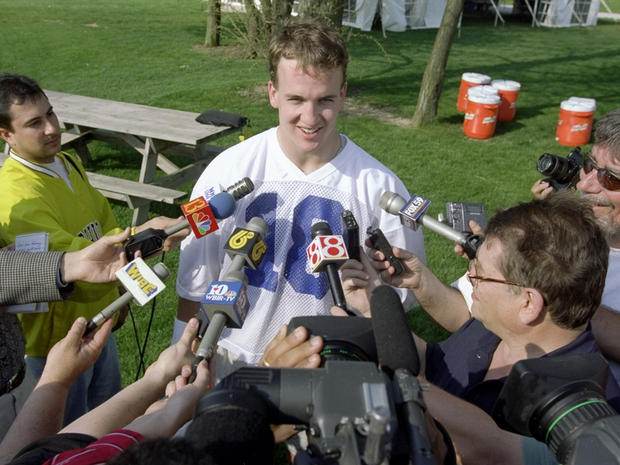 Peyton Manning of the Indianapolis Colts meets with the press during the Colts 1st practice  