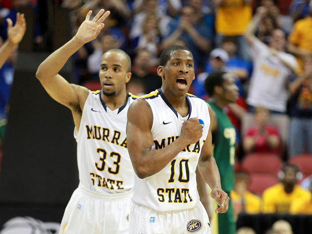 Jewuan Long (33) and Zay Jackson (10) of the Murray State Racers reacts after a play 