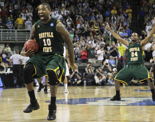 Norfolk State's Kyle O'Quinn (10) and Brandon Wheeless, right, celebrate  