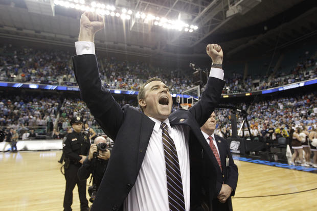 Brett Reed reacts at the end of an NCAA tournament second-round college basketball game  