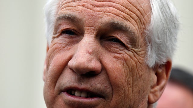 Jerry Sandusky, a former Penn State assistant football coach charged with sexually abusing boys, arrives at the Centre County Courthouse for a bail conditions hearing Feb. 10, 2012, in Bellefonte, Pa. 