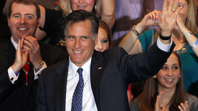 Mitt Romney greets supporters during  victory party at Renaissance Schaumburg Convention Center Hotel Tuesday night 