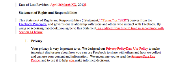 A section of the proposed changes to Facebook's Statement of Rights and Responsibilities for users. 