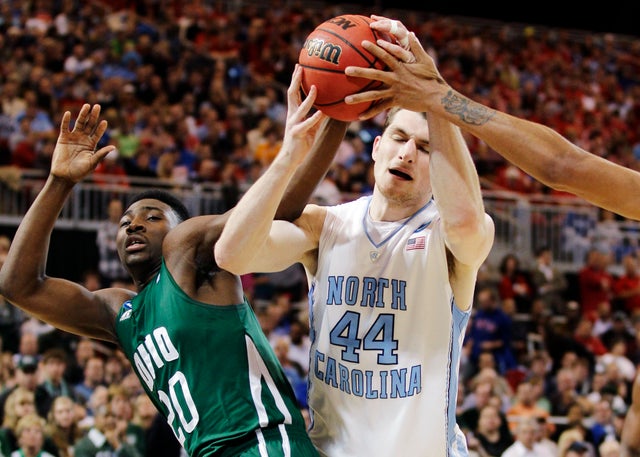 Tyler Zeller battles for a rebound against Ohio guard Ricardo Johnson 