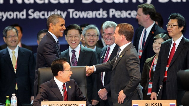 President Obama and Russian President Dmitry Medvedev shake hands prior to the 2012 Seoul Nuclear Security Summit at COEX March 27, 2012, in Seoul, South Korea, in this handout image provided by Yonhap News. 
