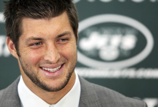Tim Tebow holds his first news conference with the New York Jet 