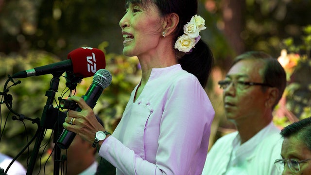 Pro-democracy leader Aung San Suu Kyi speaks to the media during a press conference March 30, 2012, in Yangon, Burma, ahead of parliamentary elections. 