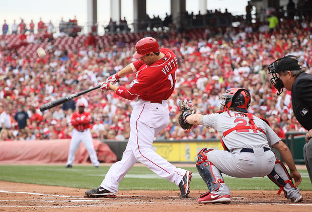 Joey Votto is at bat during the game against the Cardinals  