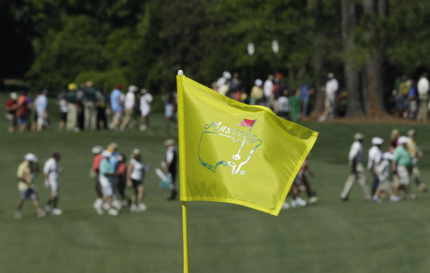 A Masters pin flaps in the wind on the seventh green  
