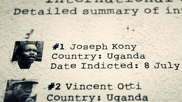 This image provided by Invisible Children shows an International Criminal Court indictment list displaying Joseph Kony and Vincent Otti from the video, "Kony 2012 Part II."  