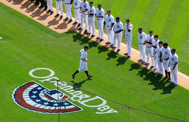 The Detroit Tigers are introduced before an opening day baseball 
