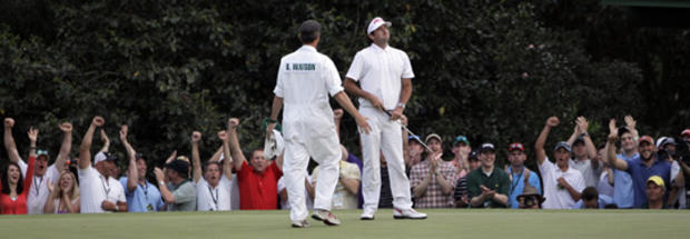 Bubba Watson reacts after winning the Masters golf tournament  