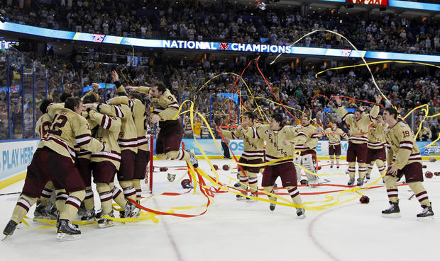 Boston College players celebrate their 4-1 victory  