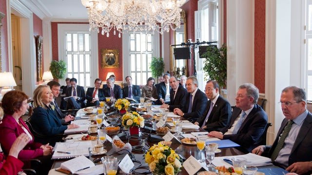 Sec. of State Hillary Rodham Clinton, Russian Foreign Minister Sergei Lavrov, U.N. Secretary-General Ban Ki-moon and European Union envoy Catherine Ashton in Washington on April 11, 2012. 